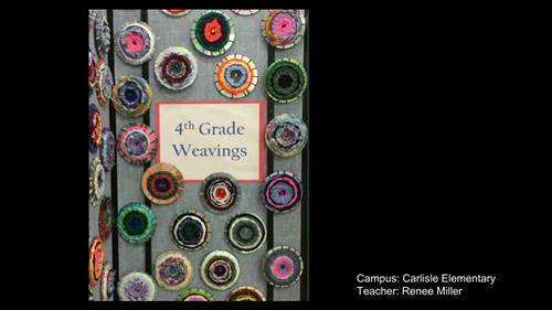 Image shows multiple disk weavings in various colors with a sign that says 4th grade weavings.  